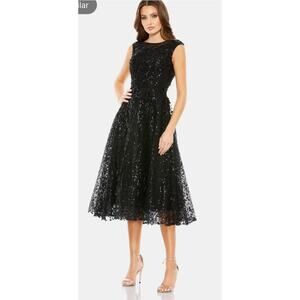 Mac Duggal A20398 Black Floral Embroidered Sequin Midi Dress Size 4 $498